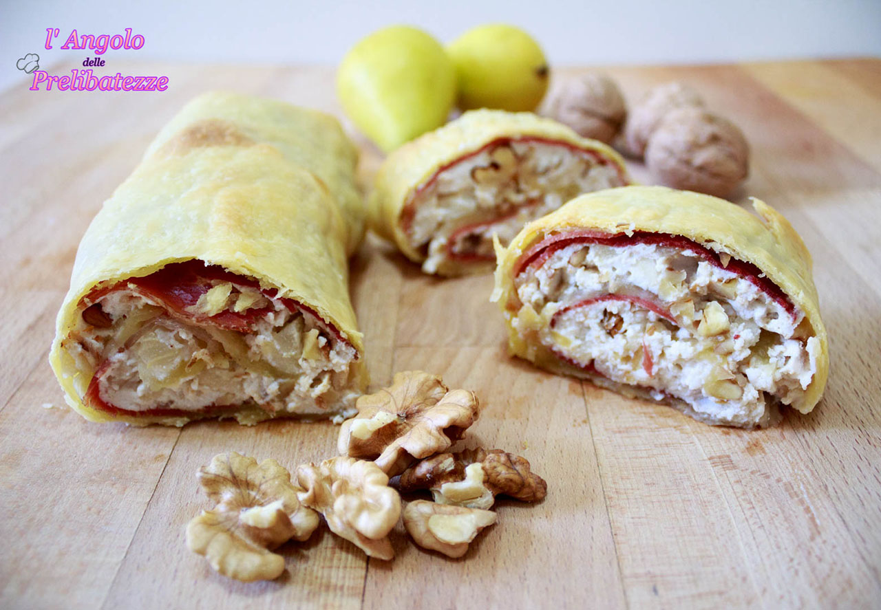rotolo salato con speck, noci, pere e ricotta